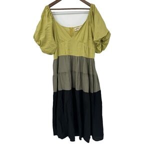 Wishing Waves Dress Color Block Olive Black Boho Peasant Tier Cottagecore NWT XL